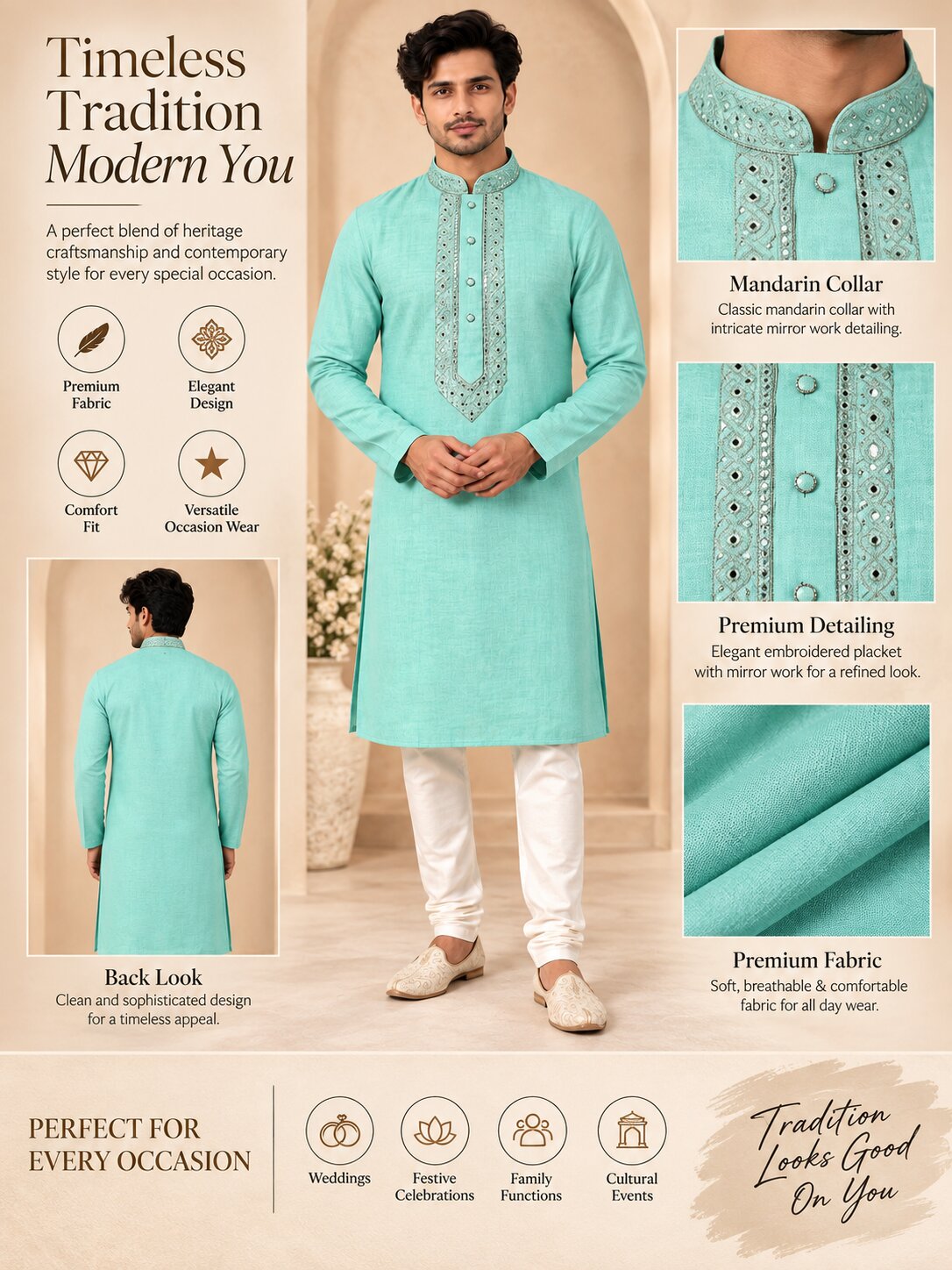 Men's Sea Green Embroidered Ethnic Kurta Pyjama Set