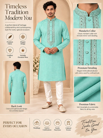 Men's Sea Green Embroidered Ethnic Kurta Pyjama Set