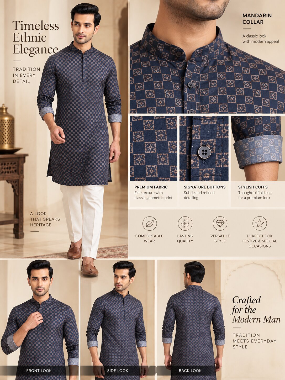 Men's Blue Printed Kurta Pyjama Set