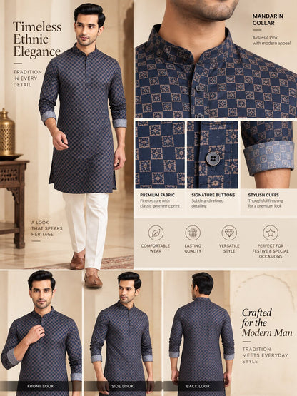 Men's Blue Printed Kurta Pyjama Set