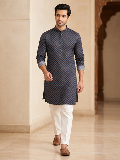 Men's Blue Printed Kurta Pyjama Set