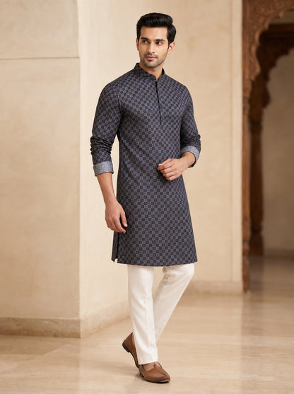 Men's Blue Printed Kurta Pyjama Set