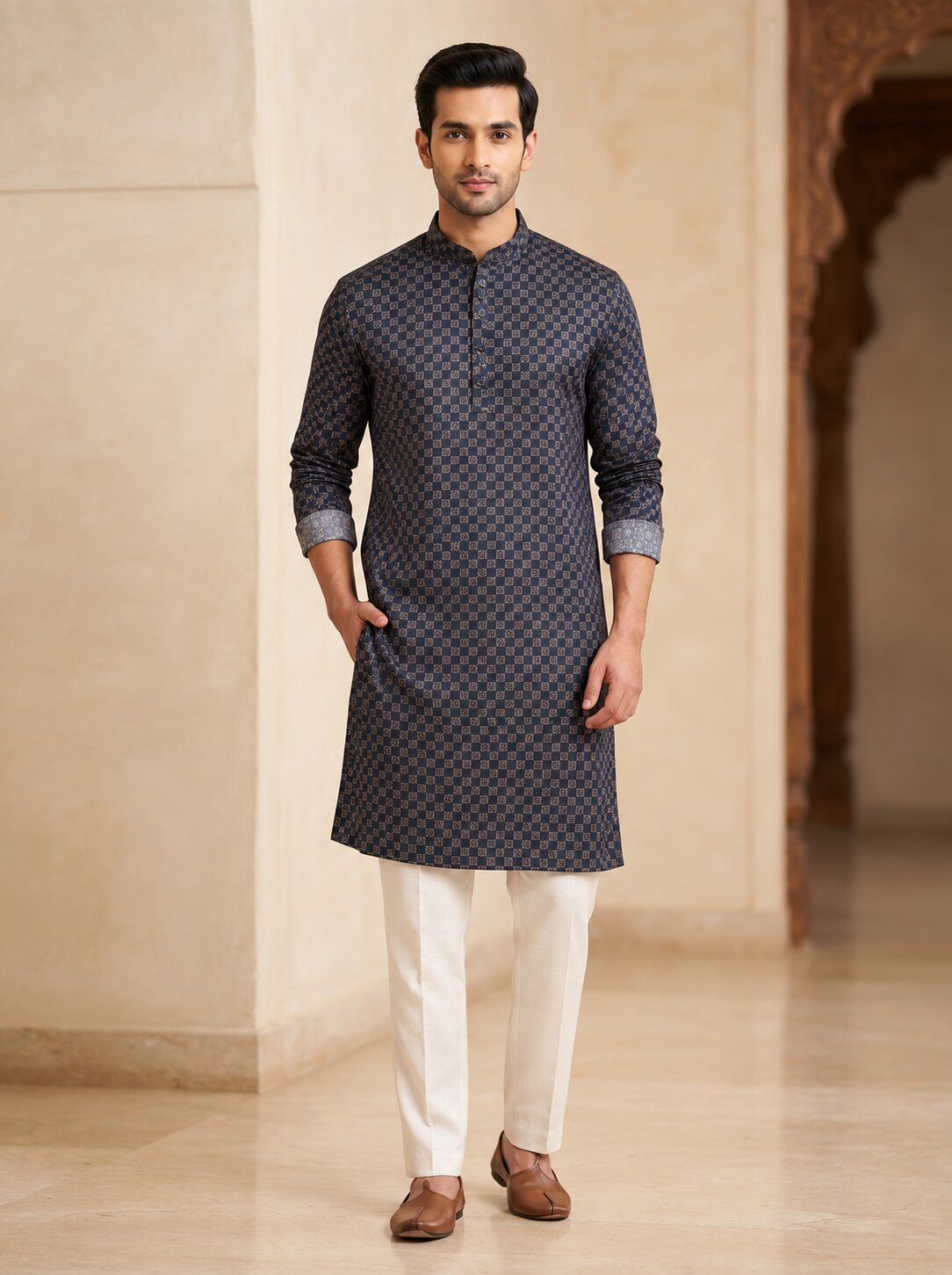 Men's Blue Printed Kurta Pyjama Set