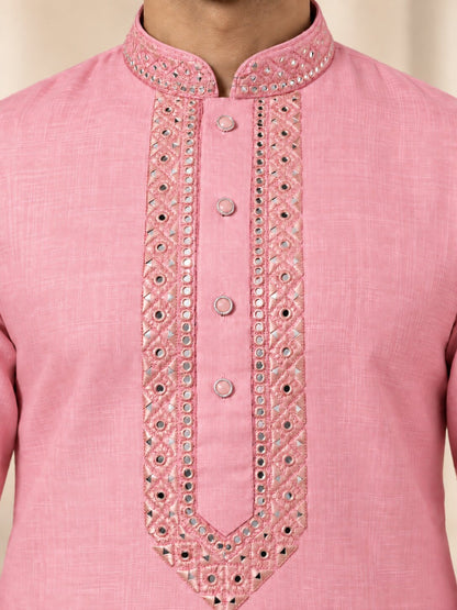 Men's Pink Embroidered Kurta Pyjama Set