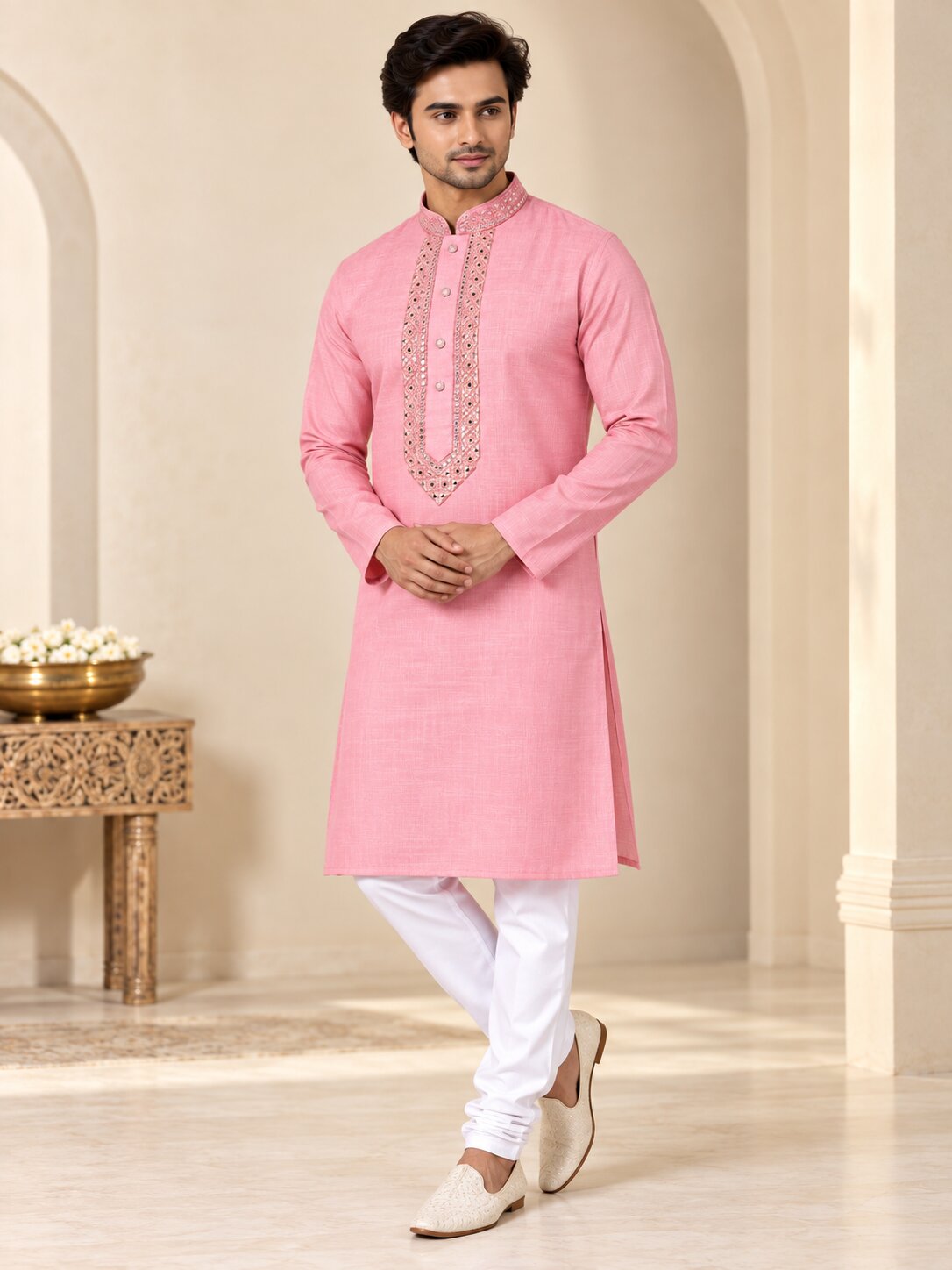 Men's Pink Embroidered Kurta Pyjama Set