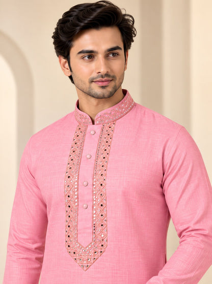 Men's Pink Embroidered Kurta Pyjama Set