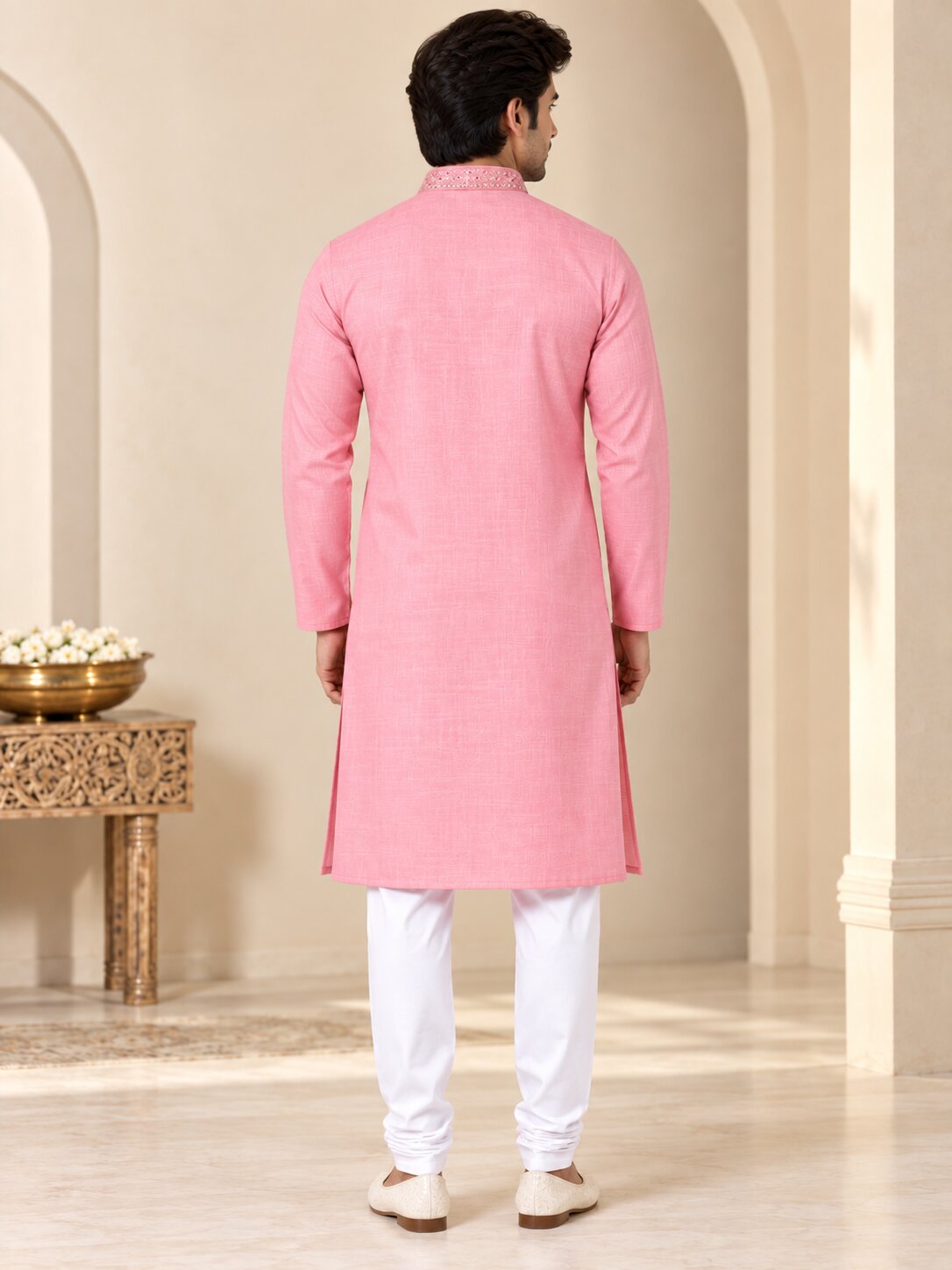 Men's Pink Embroidered Kurta Pyjama Set
