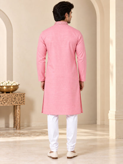 Men's Pink Embroidered Kurta Pyjama Set