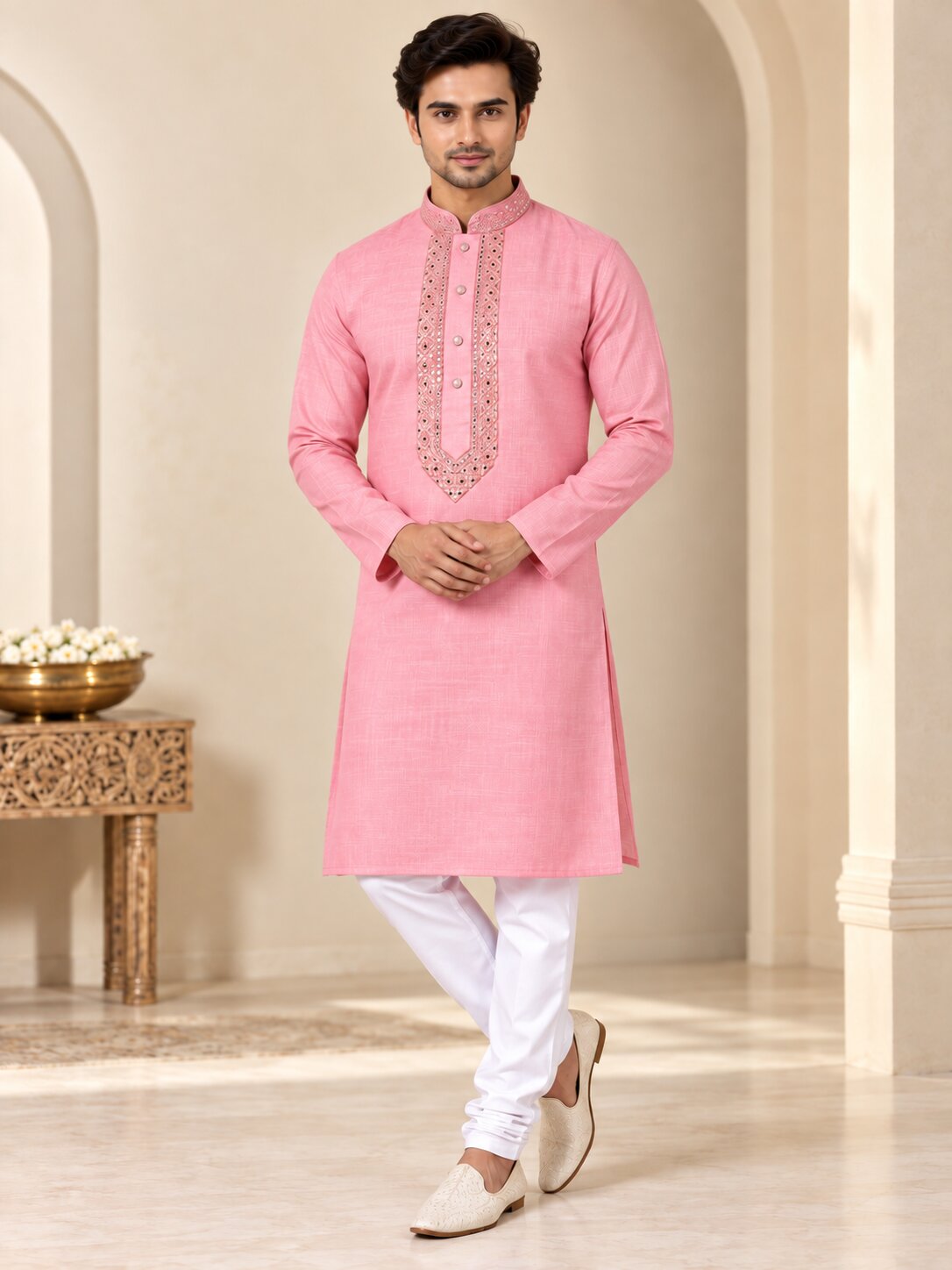 Men's Pink Embroidered Kurta Pyjama Set
