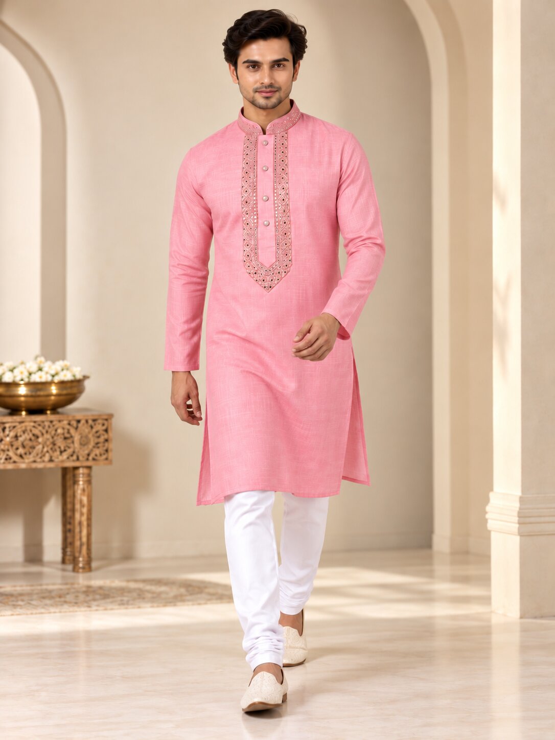Men's Pink Embroidered Kurta Pyjama Set