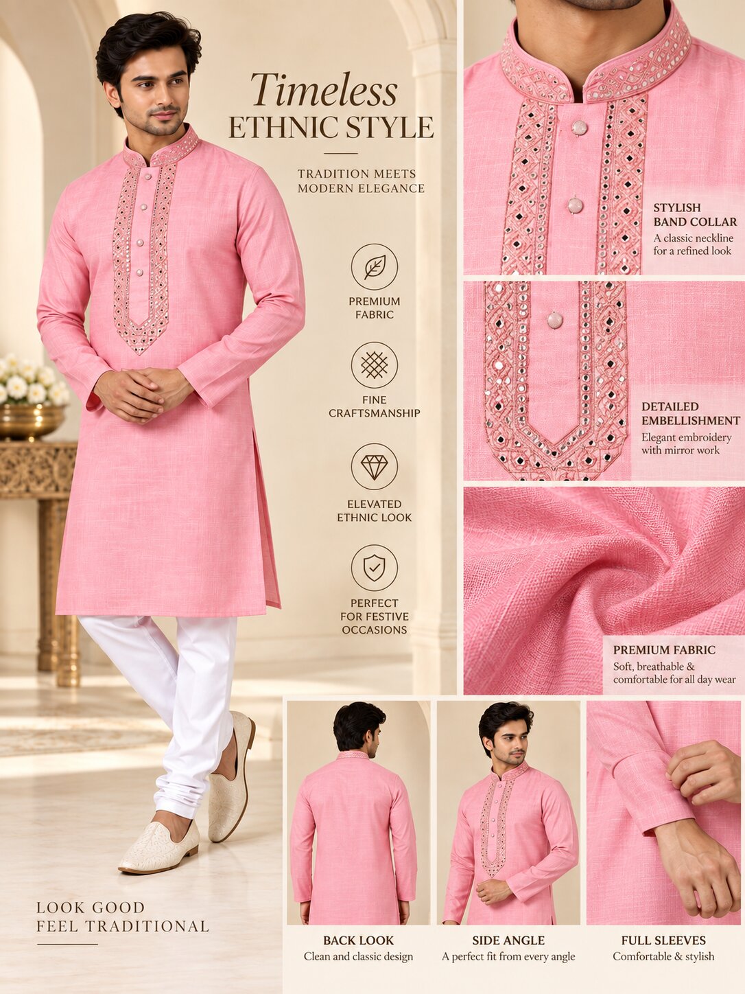Men's Pink Embroidered Kurta Pyjama Set