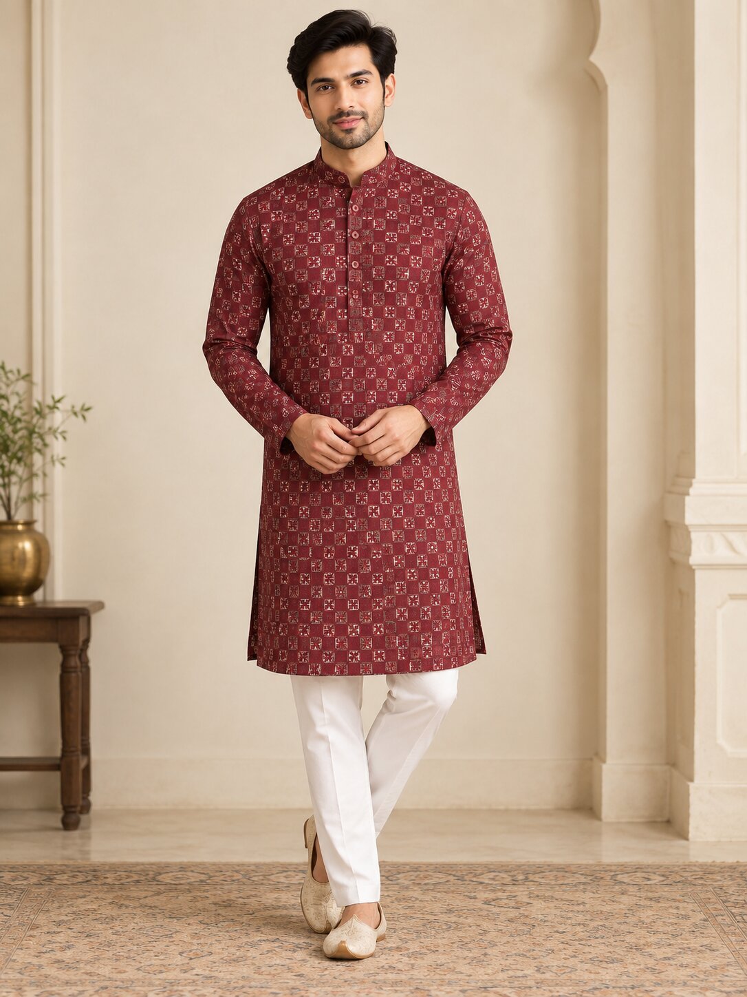 Men's Maroon Printed Kurta Pyjama Set
