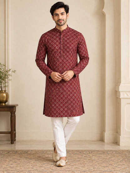 Men's Maroon Printed Kurta Pyjama Set