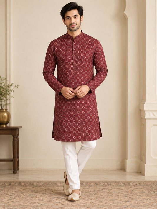 Men's Maroon Printed Kurta Pyjama Set