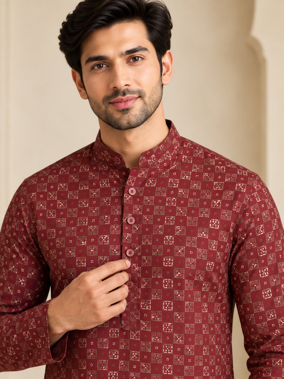 Men's Maroon Printed Kurta Pyjama Set