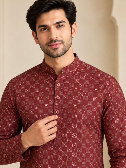 Men's Maroon Printed Kurta Pyjama Set