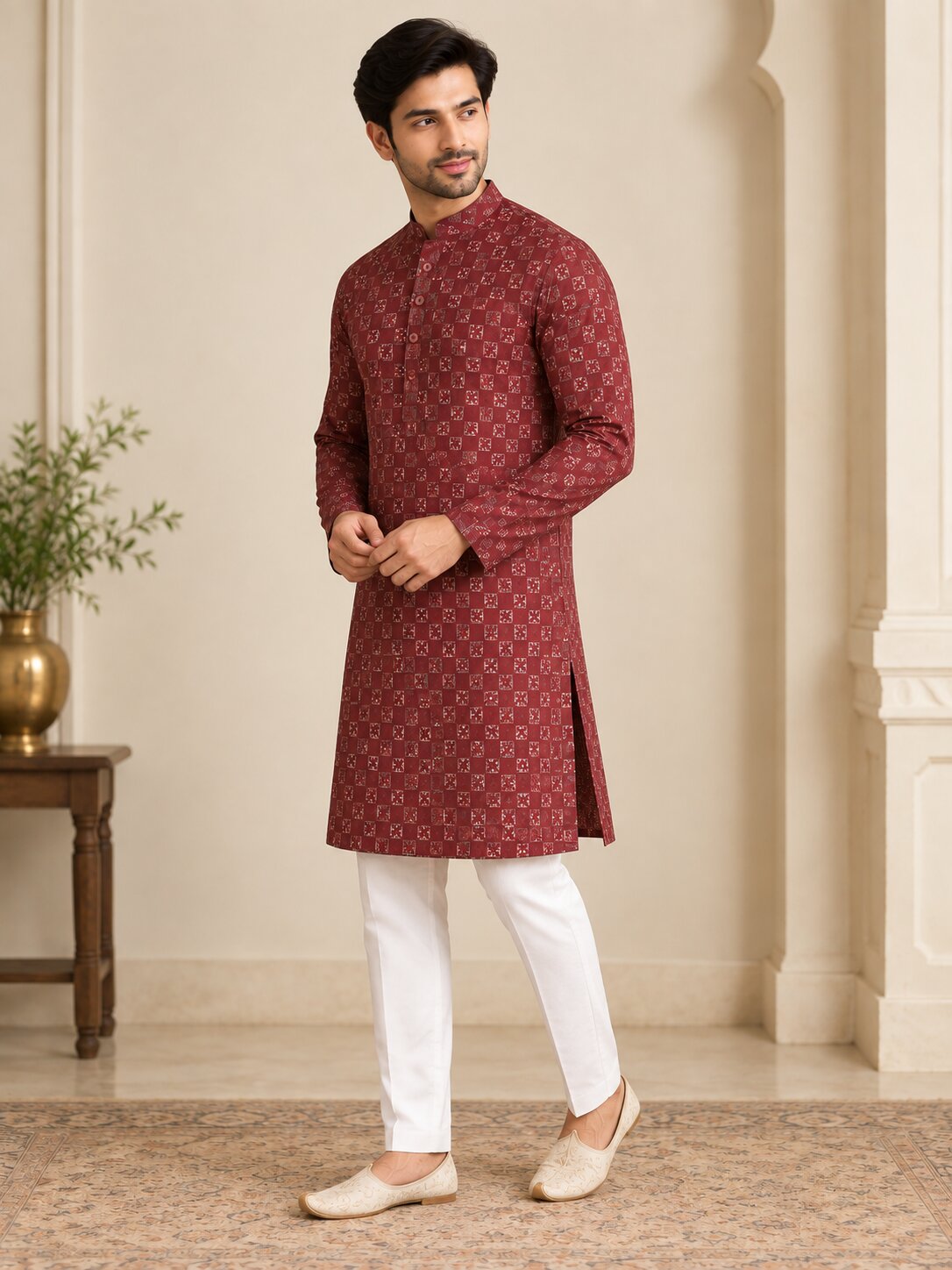 Men's Maroon Printed Kurta Pyjama Set