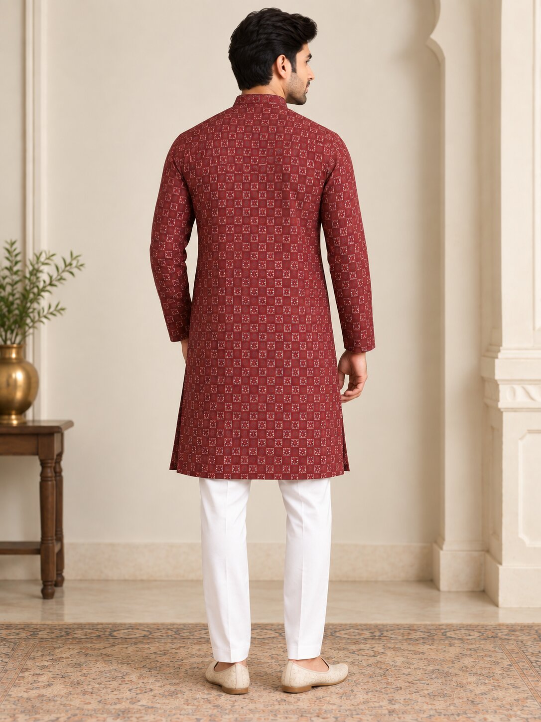 Men's Maroon Printed Kurta Pyjama Set