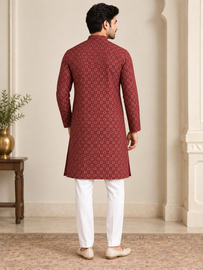 Men's Maroon Printed Kurta Pyjama Set