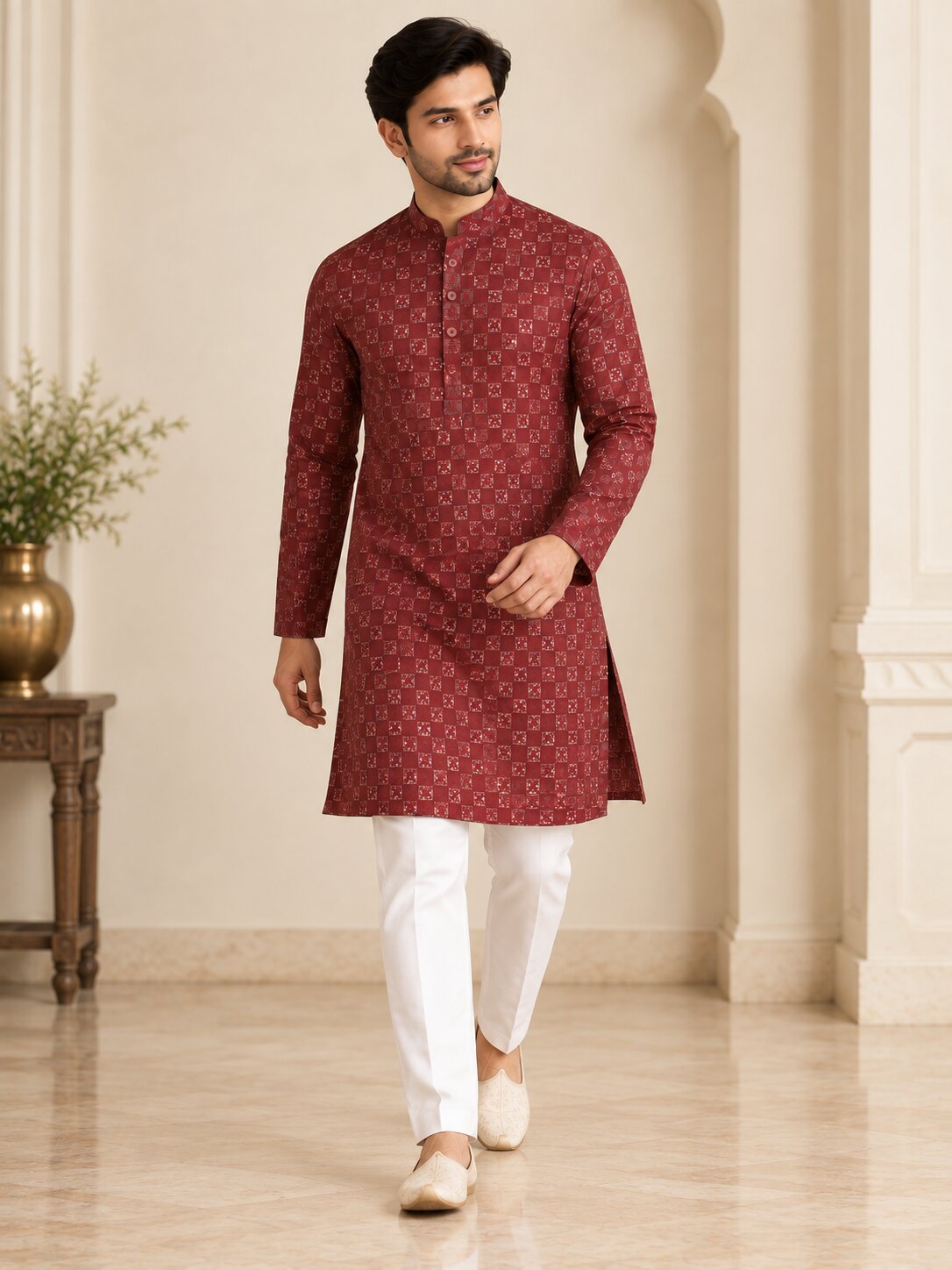 Men's Maroon Printed Kurta Pyjama Set
