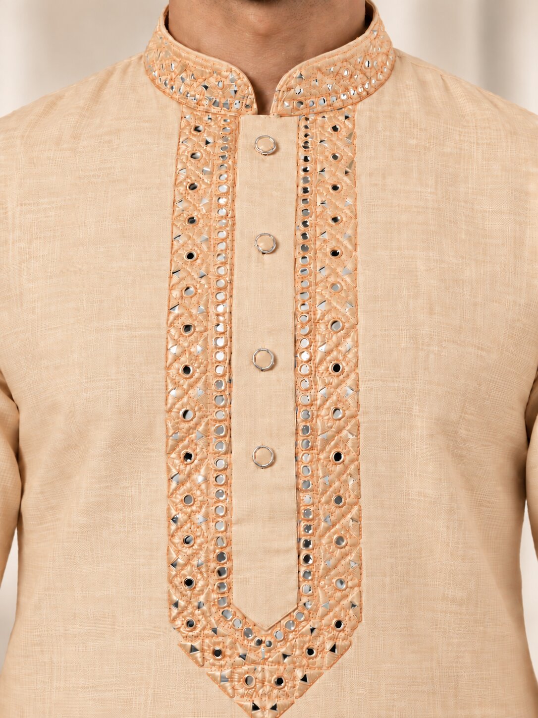 Men's Light Orange Embroidered Ethnic Kurta Pyjama Set