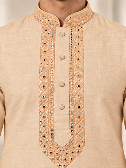 Men's Light Orange Embroidered Ethnic Kurta Pyjama Set