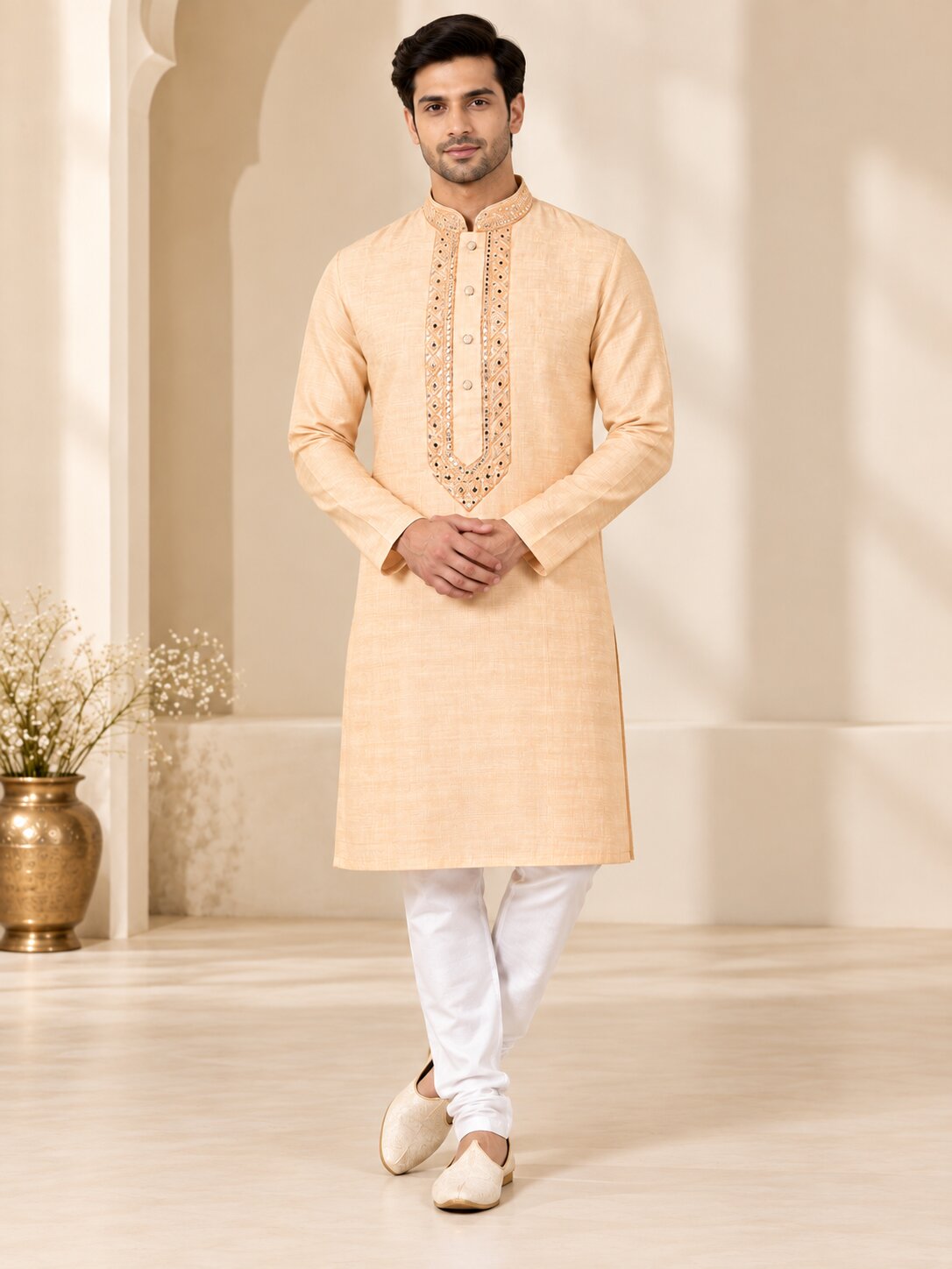 Men's Light Orange Embroidered Ethnic Kurta Pyjama Set