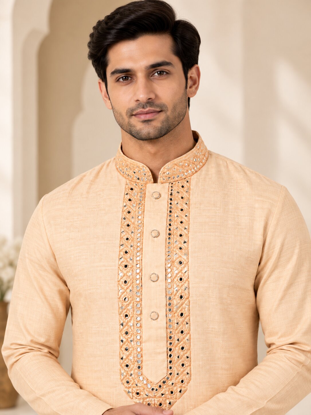 Men's Light Orange Embroidered Ethnic Kurta Pyjama Set