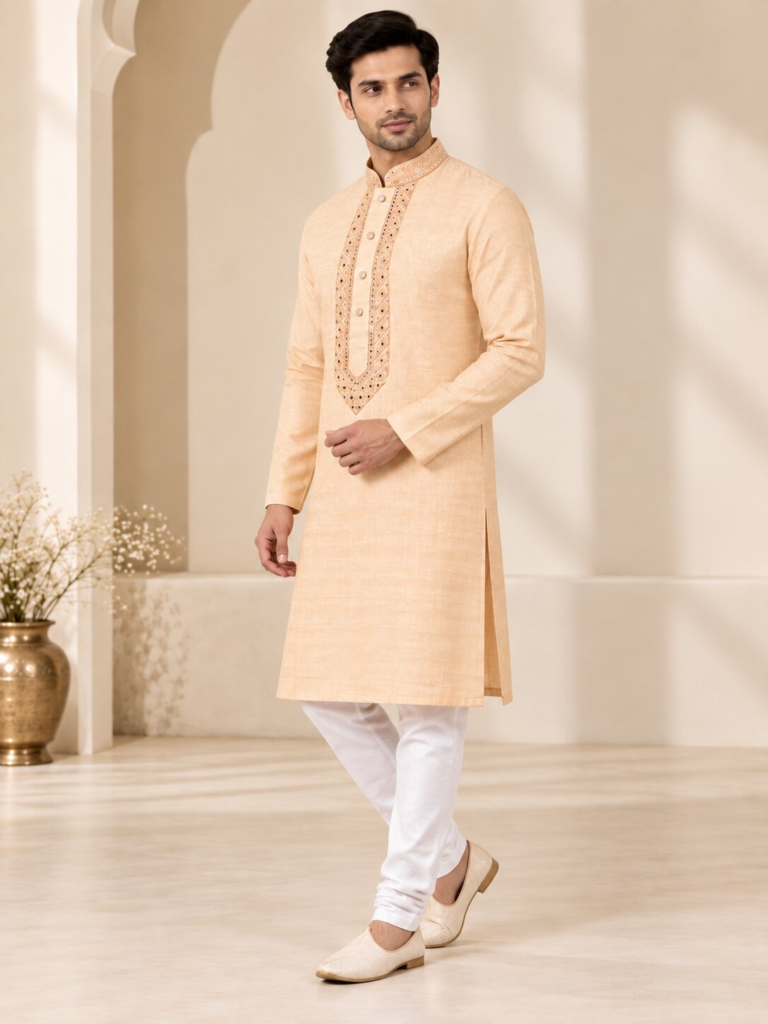 Men's Light Orange Embroidered Ethnic Kurta Pyjama Set