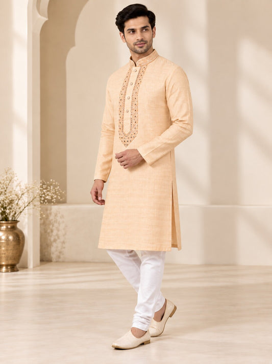 Men's Light Orange Embroidered Ethnic Kurta Pyjama Set