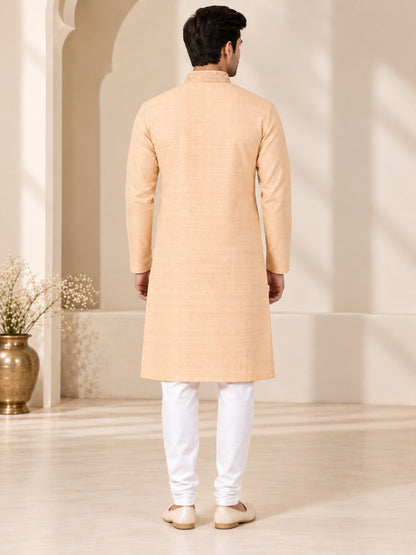 Men's Light Orange Embroidered Ethnic Kurta Pyjama Set