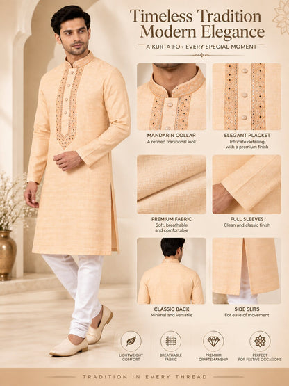 Men's Light Orange Embroidered Ethnic Kurta Pyjama Set