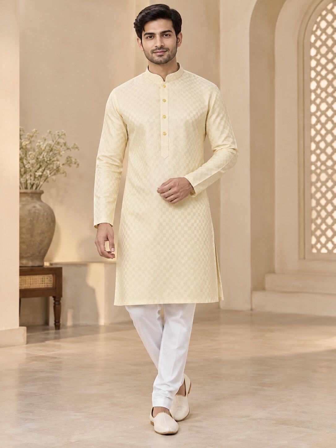 Men's Lemon Textured Kurta Pyjama Set