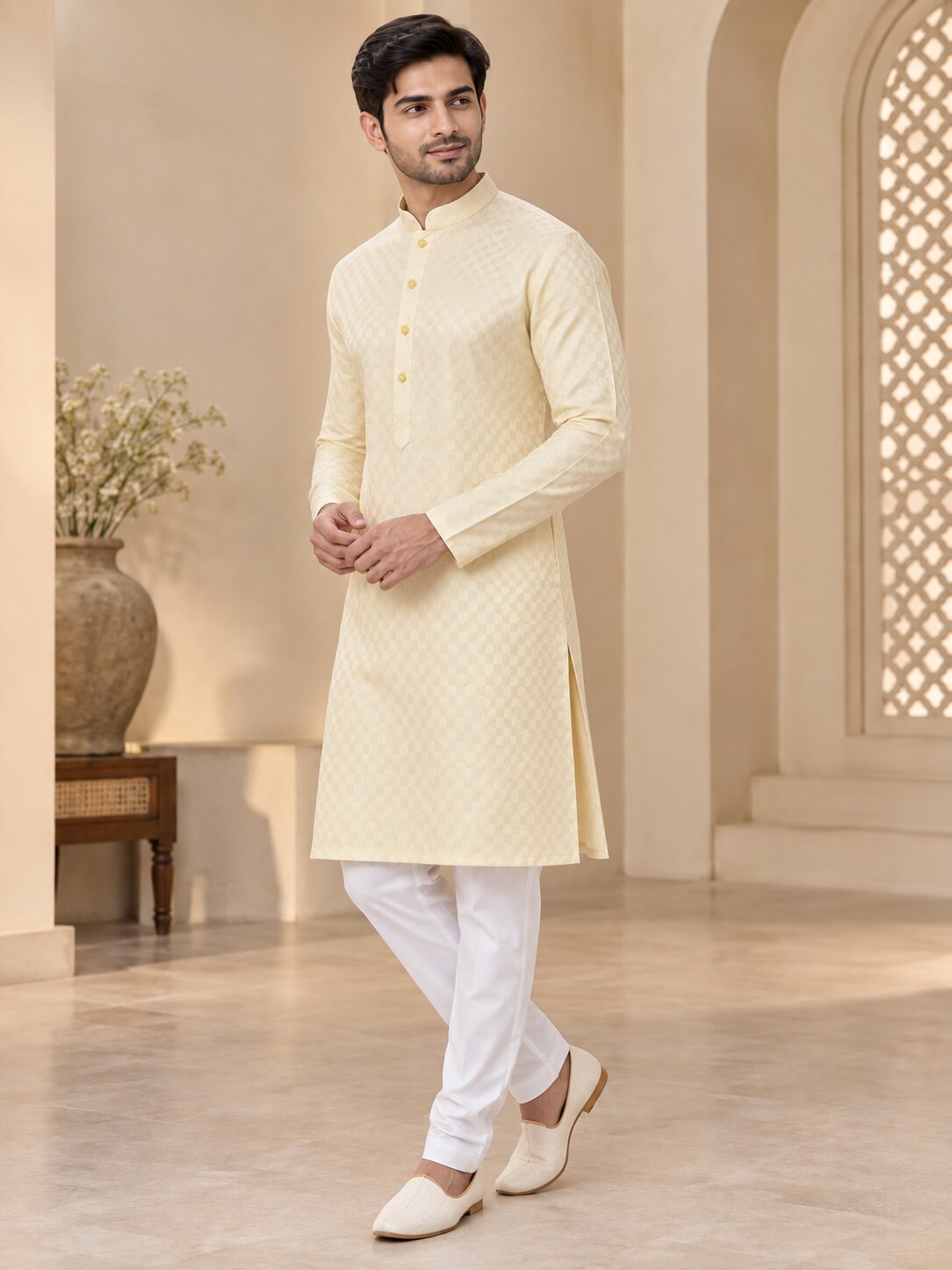 Men's Lemon Textured Kurta Pyjama Set