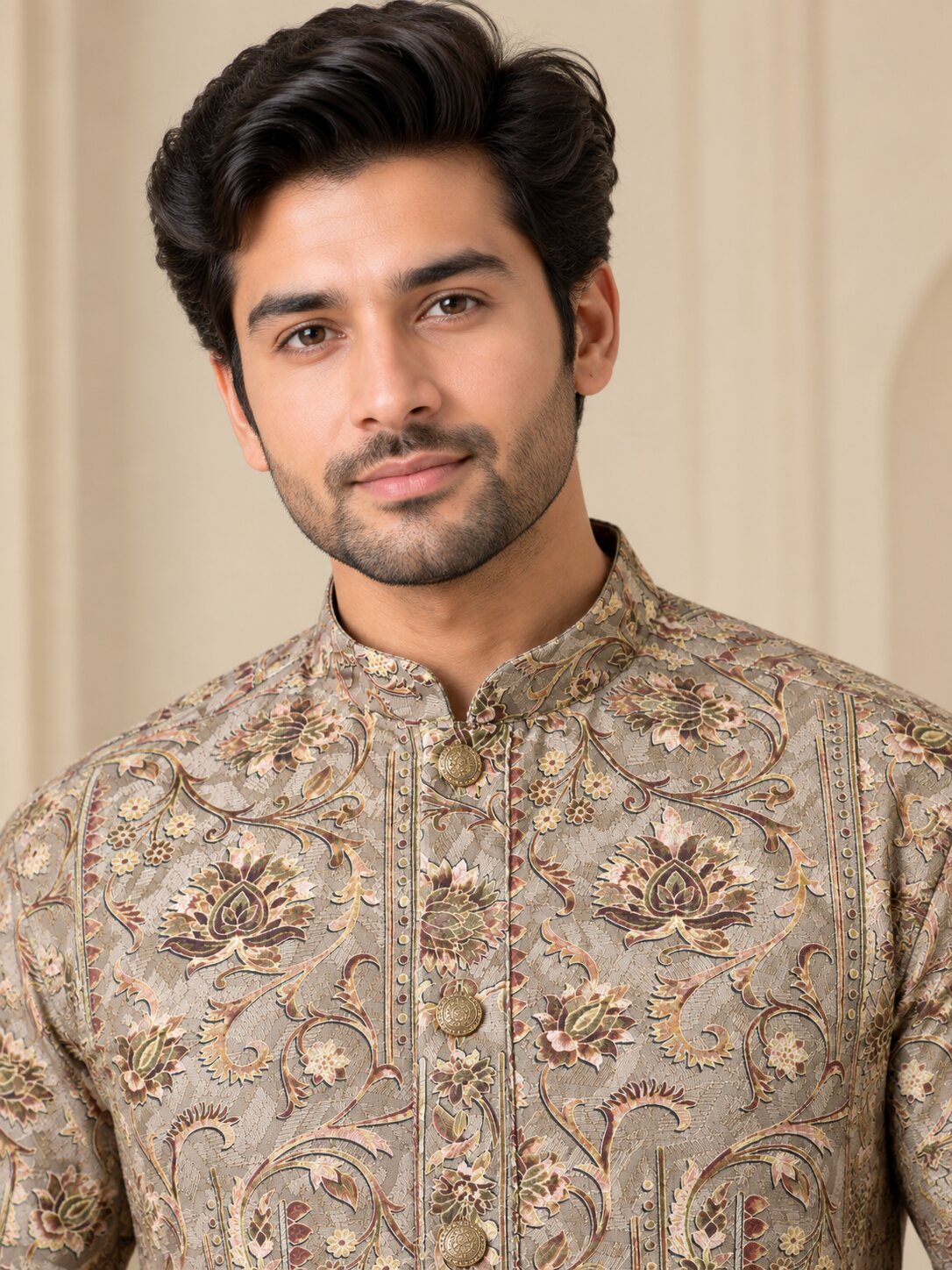 Men's Light Pista Printed Kurta Pyjama Set