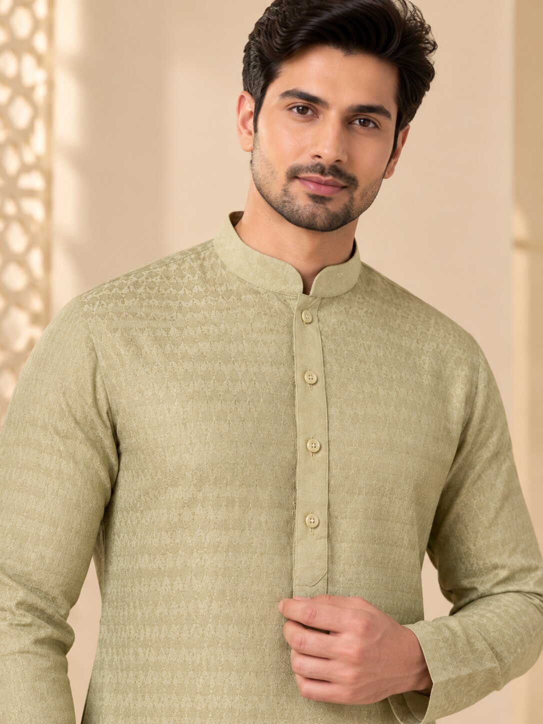 Men's Pista Textured Kurta Pyjama Set