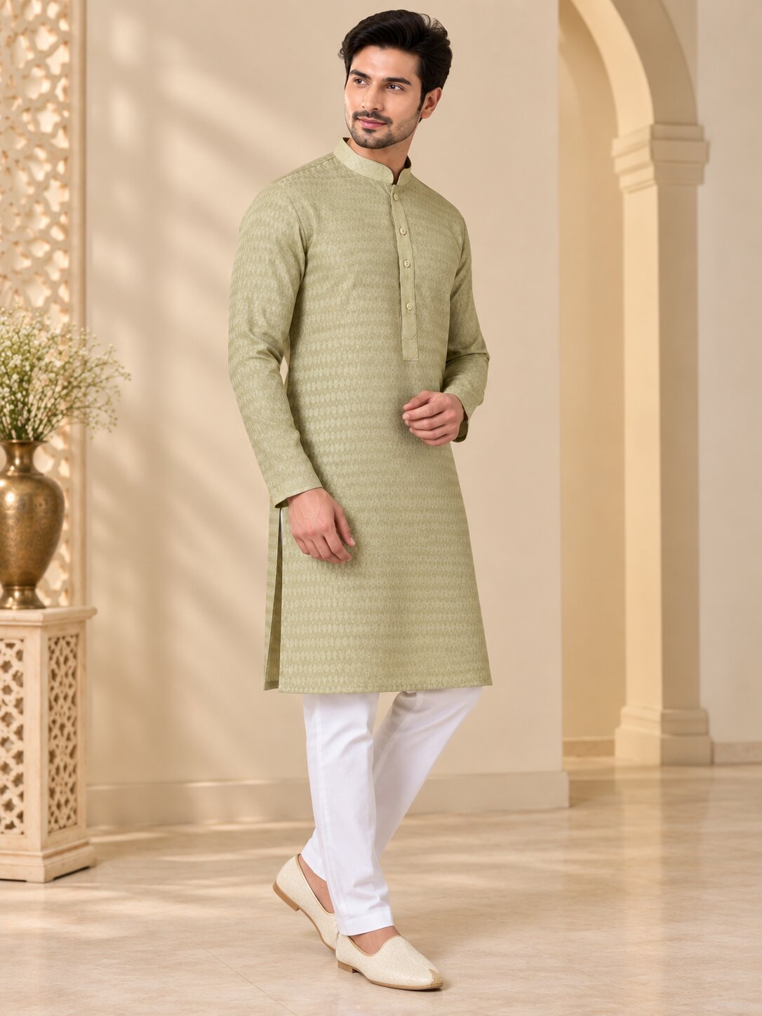Men's Pista Textured Kurta Pyjama Set