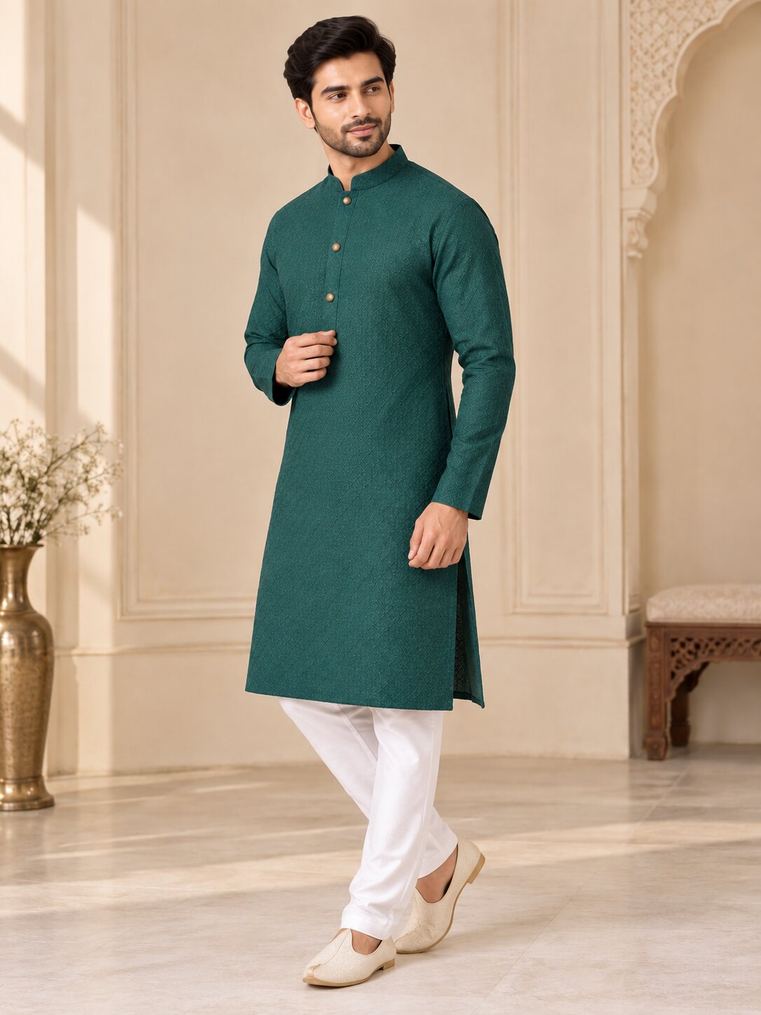 Men's Green Textured Kurta Pyjama Set