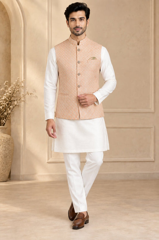 Men's Carrot Orange Printed Nehru Jacket