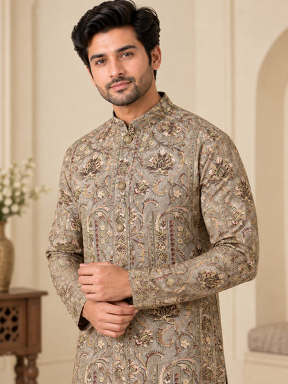 Men's Light Pista Printed Kurta Pyjama Set