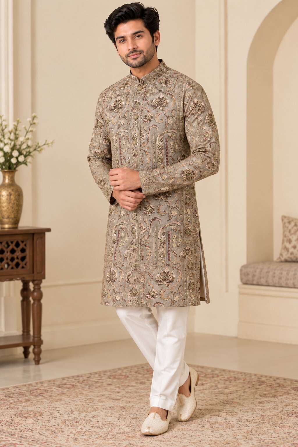 Men's Light Pista Printed Kurta Pyjama Set