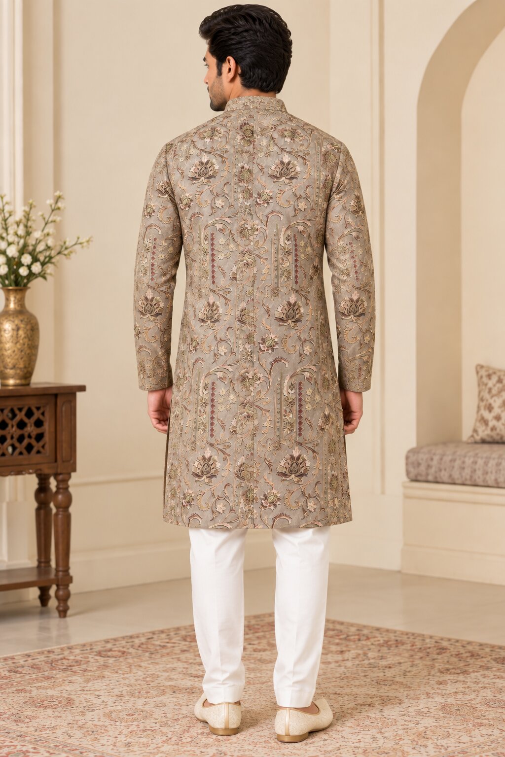 Men's Light Pista Printed Kurta Pyjama Set