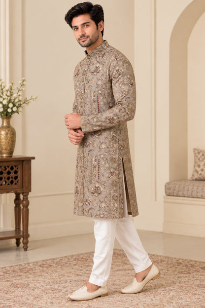 Men's Light Pista Printed Kurta Pyjama Set