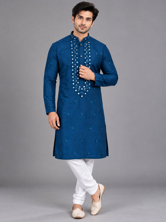 Men's Rama Blue Embroidered Kurta Pyjama Set
