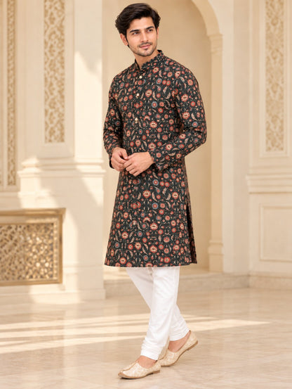Men's Bottle Green Printed Kurta Pyjama Set
