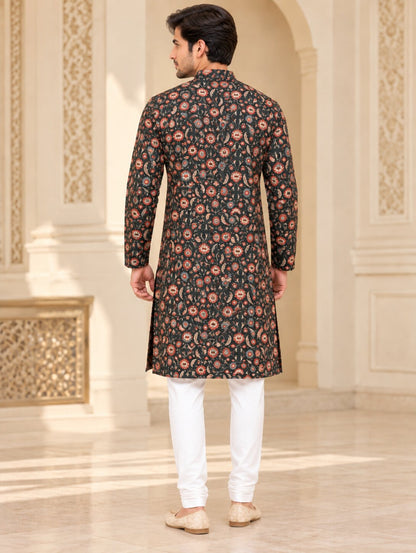 Men's Bottle Green Printed Kurta Pyjama Set
