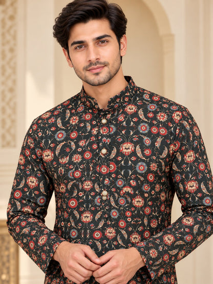 Men's Bottle Green Printed Kurta Pyjama Set