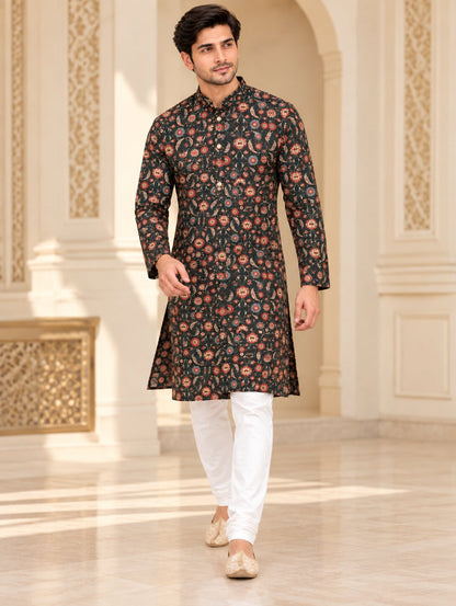 Men's Bottle Green Printed Kurta Pyjama Set