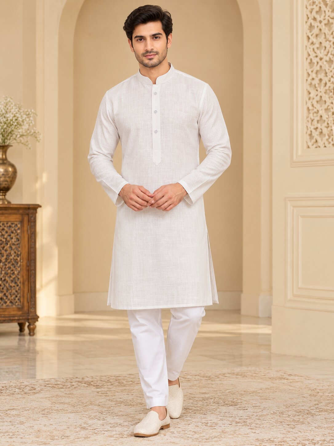 Men's Off White Kurta Pyjama Set