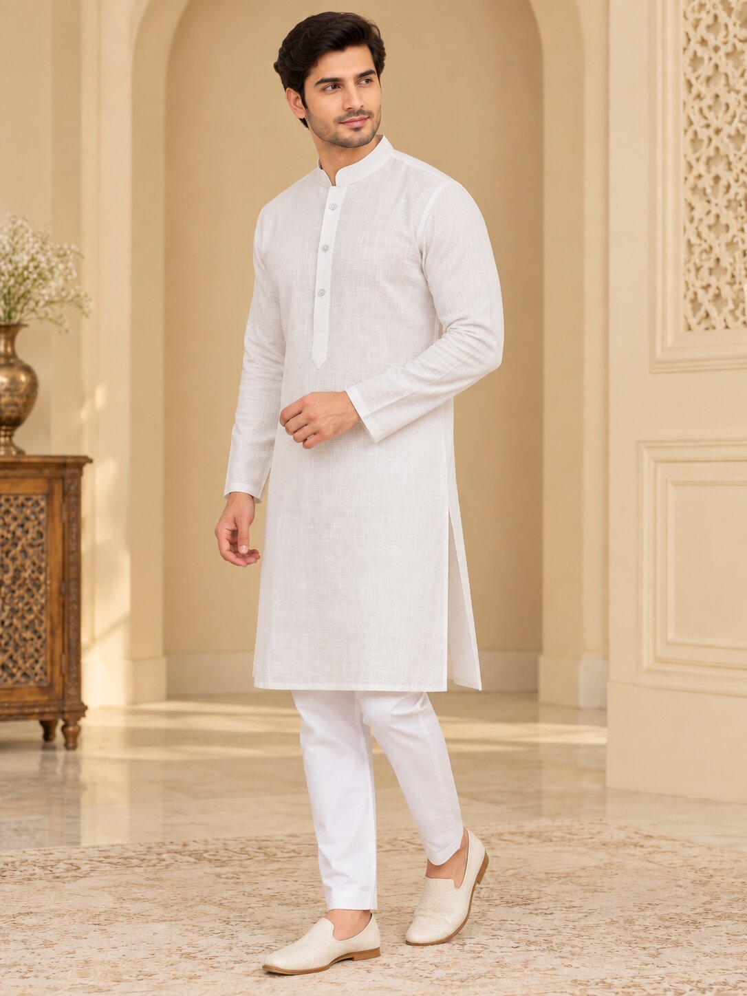 Men's Off White Kurta Pyjama Set